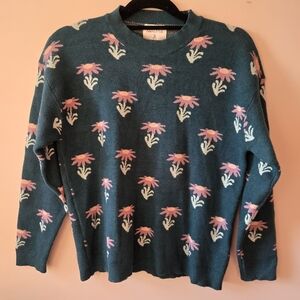 Compañía Fantástica Floral Knit Sweater Teal Pink Daisy Boho M
